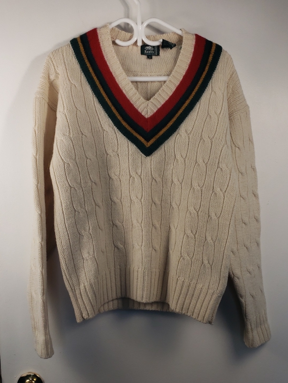 Roots Cream Cable V-Neck Sweater with Red, Green & Gold Trim